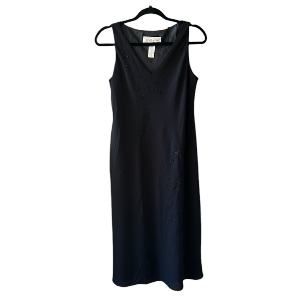 Jones Wear Vintage 12P Y2K Fairygrunge Black Crepe Beaded Midi Sheath Dress